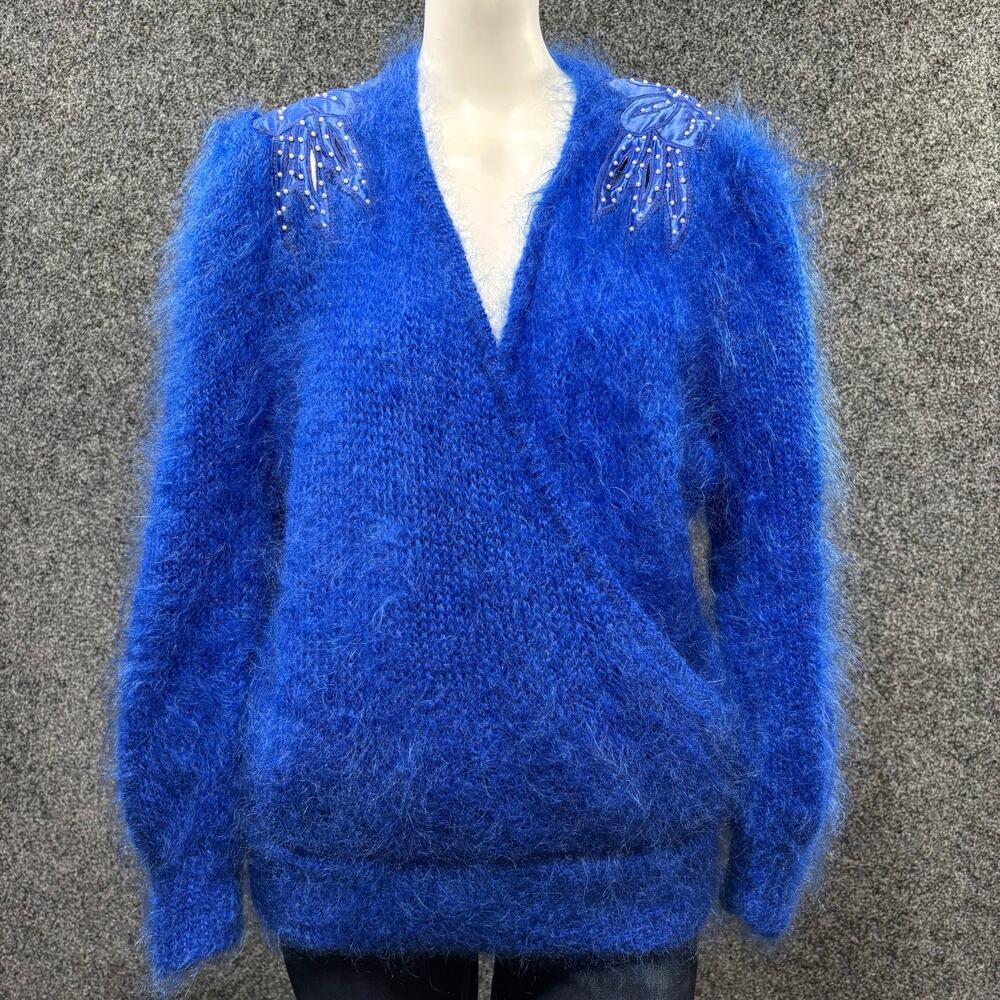 Vintage‎ Blue Fuzzy Sweater Medium Beaded Embellished Artsy Dopamine Unique Cozy
